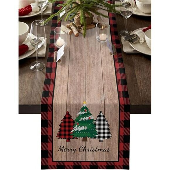 Cotton and Linen Table Runner Christmas Pine Tree On Red and Black Checkered Woo - Picture 1 of 7